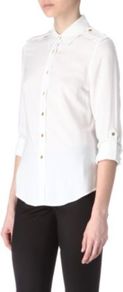 Roll Sleeved Shirt - neckline: shirt collar/peter pan/zip with opening; pattern: plain; shoulder detail: obvious epaulette, discreet epaulette; waist detail: fitted waist; style: shirt; bust detail: buttons at bust (in middle at breastbone)/zip detail at bust; predominant colour: white; occasions: casual, evening, work; length: standard; fibres: polyester/polyamide - 100%; fit: tailored/fitted; sleeve length: 3/4 length; sleeve style: standard; pattern type: fabric; pattern size: standard; texture group: jersey - stretchy/drapey