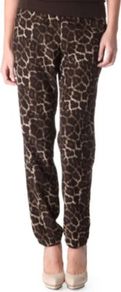 Leopard Trousers - length: standard; style: harem/slouch; waist detail: elasticated waist, fitted waist; pocket detail: large back pockets, pockets at the sides; waist: mid/regular rise; predominant colour: chocolate brown; occasions: casual, evening, work, holiday; fibres: polyester/polyamide - 100%; hip detail: front pleats at hip level; texture group: silky - light; trends: sporty redux, statement prints; fit: tapered; pattern type: fabric; pattern size: small & busy; pattern: animal print, patterned/print