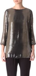 Sequinned Boatneck Top - neckline: round neck; length: below the bottom; predominant colour: khaki; occasions: casual, evening; style: top; fibres: polyester/polyamide - 100%; fit: loose; sleeve length: 3/4 length; sleeve style: standard; trends: metallics, volume; pattern type: fabric; pattern size: standard; texture group: jersey - stretchy/drapey; embellishment: sequins
