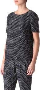 Patterned Silk Top - neckline: round neck; predominant colour: black; occasions: casual, work; length: standard; style: top; fibres: silk - 100%; fit: straight cut; sleeve length: short sleeve; sleeve style: standard; texture group: crepes; trends: volume, modern geometrics; pattern type: fabric; pattern size: small & busy; pattern: patterned/print