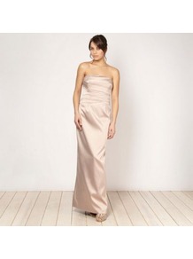 Light Gold Layered Bodice Maxi Dress - style: ballgown; neckline: strapless (straight/sweetheart); pattern: plain; sleeve style: sleeveless; bust detail: ruching/gathering/draping/layers/pintuck pleats at bust; predominant colour: champagne; occasions: evening, occasion; length: floor length; fit: body skimming; fibres: polyester/polyamide - stretch; sleeve length: sleeveless; texture group: structured shiny - satin/tafetta/silk etc.; trends: metallics; pattern type: fabric