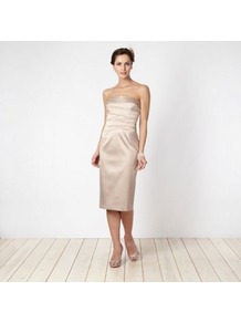Light Gold Layered Bodice Prom Dress - length: below the knee; neckline: strapless (straight/sweetheart); pattern: plain; style: prom dress; sleeve style: strapless; waist detail: fitted waist, twist front waist detail/nipped in at waist on one side/soft pleats/draping/ruching/gathering waist detail; back detail: low cut/open back; hip detail: fitted at hip, soft pleats at hip/draping at hip/flared at hip; bust detail: ruching/gathering/draping/layers/pintuck pleats at bust, tiers/frills/bulky drapes/pleats; predominant colour: gold; occasions: evening, occasion; fit: fitted at waist & bust; fibres: polyester/polyamide - mix; sleeve length: sleeveless; texture group: structured shiny - satin/tafetta/silk etc.; pattern type: fabric