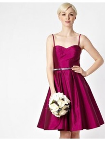 Dark Pink Belted Prom Dress - pattern: plain; style: prom dress; sleeve style: strapless; waist detail: fitted waist; neckline: sweetheart; predominant colour: hot pink; occasions: evening, occasion; length: just above the knee; fit: fitted at waist & bust; fibres: polyester/polyamide - 100%; hip detail: structured pleats at hip, soft pleats at hip/draping at hip/flared at hip; sleeve length: sleeveless; texture group: structured shiny - satin/tafetta/silk etc.; trends: volume; pattern type: fabric
