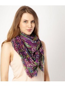 Dark Purple Paisley Square Scarf - predominant colour: purple; occasions: casual, evening, work, occasion; type of pattern: heavy; style: square; size: standard; material: fabric; embellishment: fringing; pattern: paisley, patterned/print