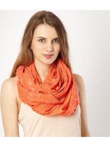 Peach Animal Pom Pom Snood - predominant colour: coral; occasions: casual, evening, work; type of pattern: light; style: snood; size: standard; material: fabric; embellishment: pompom; pattern: animal print, plain