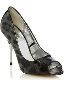 Grey Neha Leopard Patent High Heel Court Shoes - predominant colour: charcoal; occasions: evening, work, occasion; material: faux leather; heel height: high; heel: stiletto; toe: open toe/peeptoe; style: courts; trends: statement prints; finish: patent; pattern: animal print