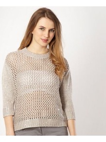 Taupe Sequin Jumper - pattern: plain; style: standard; predominant colour: stone; occasions: casual, evening; length: standard; fibres: acrylic - mix; fit: standard fit; neckline: crew; bust detail: contrast pattern/fabric/detail at bust; back detail: longer hem at back than at front; sleeve length: 3/4 length; sleeve style: standard; texture group: knits/crochet; pattern type: knitted - big stitch