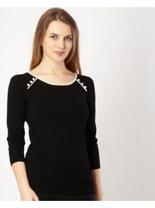 Black Button Shoulder Jumper - neckline: round neck; pattern: plain; style: standard; shoulder detail: contrast pattern/fabric at shoulder, added shoulder detail; predominant colour: black; occasions: casual, work; length: standard; fibres: linen - mix; fit: standard fit; sleeve length: 3/4 length; sleeve style: standard; texture group: knits/crochet; pattern type: knitted - fine stitch; pattern size: small & light