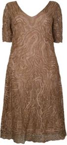 Gold Lace And Tape Dress - style: shift; length: below the knee; neckline: v-neck; predominant colour: gold; occasions: evening, occasion; fit: soft a-line; fibres: nylon - 100%; hip detail: soft pleats at hip/draping at hip/flared at hip; sleeve length: short sleeve; sleeve style: standard; texture group: lace; pattern type: fabric; pattern size: standard; embellishment: embroidered