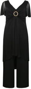 Black Ring Front Jumpsuit - length: standard; neckline: low v-neck; sleeve style: angel/waterfall; pattern: plain; bust detail: added detail/embellishment at bust; predominant colour: black; occasions: evening, holiday; fit: body skimming; fibres: polyester/polyamide - stretch; sleeve length: short sleeve; texture group: sheer fabrics/chiffon/organza etc.; style: jumpsuit; pattern type: fabric; embellishment: chain/metal