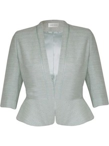 Petite Pale Green Summer Tweed Jacket - pattern: plain, herringbone/tweed; style: cropped; collar: shawl/waterfall; length: cropped; predominant colour: pistachio; occasions: evening, work, occasion; fit: tailored/fitted; fibres: cotton - mix; waist detail: fitted waist, peplum detail at waist; sleeve length: half sleeve; sleeve style: standard; collar break: medium; pattern type: fabric; pattern size: standard; texture group: tweed - light/midweight