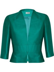 Petite Green Silk Wool Jacket - pattern: plain; style: cropped; collar: shawl/waterfall; length: cropped; predominant colour: emerald green; occasions: evening, occasion; fit: tailored/fitted; fibres: wool - mix; sleeve length: 3/4 length; sleeve style: standard; texture group: structured shiny - satin/tafetta/silk etc.; collar break: medium; pattern type: fabric; pattern size: standard