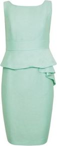 Petite Pale Green Peplum Dress - style: shift; neckline: round neck; fit: tailored/fitted; pattern: plain; sleeve style: sleeveless; waist detail: fitted waist, peplum waist detail; hip detail: fitted at hip; predominant colour: pistachio; occasions: evening, work, occasion; length: just above the knee; fibres: linen - mix; sleeve length: sleeveless; texture group: linen; trends: glamorous day shifts, sculptural frills; pattern type: fabric