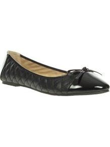 Black Quilted Ballerinas With Patent Toe Cap - predominant colour: black; occasions: casual, evening, work; material: faux leather; heel height: flat; embellishment: quilted; toe: round toe; style: ballerinas / pumps; finish: plain; pattern: plain