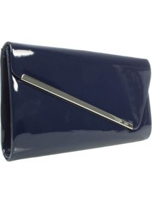 Navy Patent Clutch Bag With Metal Trim - predominant colour: navy; occasions: casual, evening, occasion; type of pattern: light; style: clutch; length: hand carry; size: standard; material: faux leather; pattern: plain; finish: patent; embellishment: chain/metal