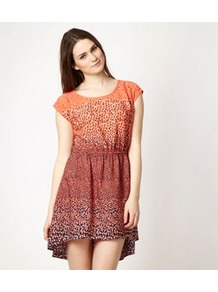 Designer Peach Petal Printed Day Dress - length: mid thigh; neckline: round neck; sleeve style: capped; fit: fitted at waist; style: sundress; waist detail: elasticated waist, fitted waist, twist front waist detail/nipped in at waist on one side/soft pleats/draping/ruching/gathering waist detail; predominant colour: bright orange; occasions: casual, holiday; fibres: cotton - 100%; hip detail: soft pleats at hip/draping at hip/flared at hip; back detail: longer hem at back than at front; sleeve length: short sleeve; texture group: cotton feel fabrics; pattern type: fabric; pattern size: small & busy; pattern: florals, patterned/print