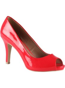 Red Luella Patent Peep Toe Court Shoes - predominant colour: true red; occasions: evening, work, occasion; material: faux leather; heel height: mid; heel: platform; toe: open toe/peeptoe; style: courts; finish: patent; pattern: plain