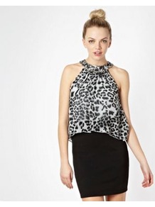 Animal Printed Two In One Dress - style: shift; length: mid thigh; sleeve style: sleeveless; neckline: halter neck; back detail: racer back/sports back; hip detail: fitted at hip; predominant colour: black; occasions: evening, occasion; fit: body skimming; fibres: polyester/polyamide - mix; bust detail: contrast pattern/fabric/detail at bust; sleeve length: sleeveless; pattern type: fabric; pattern size: small & busy; pattern: animal print; texture group: jersey - stretchy/drapey