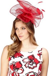 Swooped Sinamay Fascinator - predominant colour: true red; occasions: evening, occasion; type of pattern: light; style: fascinator; size: large; material: sinamay; embellishment: feather; pattern: plain, pinstripe