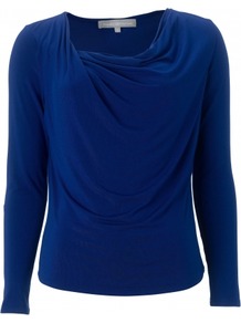 Shelley Top - neckline: cowl/draped neck; pattern: plain; waist detail: twist front waist detail/nipped in at waist on one side/soft pleats/draping/ruching/gathering waist detail; bust detail: ruching/gathering/draping/layers/pintuck pleats at bust; predominant colour: royal blue; occasions: casual, evening, work; length: standard; style: top; fibres: polyester/polyamide - stretch; fit: body skimming; sleeve length: long sleeve; sleeve style: standard; pattern type: fabric; texture group: jersey - stretchy/drapey