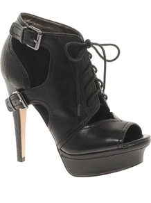 Jagger Leather Shoe Boot - predominant colour: black; occasions: casual, evening, work; material: leather; heel height: high; embellishment: buckles; heel: platform; toe: open toe/peeptoe; boot length: shoe boot; style: standard; finish: plain; pattern: plain