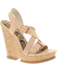 Josie Leather Wedge Sandal - predominant colour: camel; occasions: evening, holiday; material: leather; heel height: high; embellishment: buckles; ankle detail: ankle strap; heel: wedge; toe: open toe/peeptoe; style: strappy; finish: plain; pattern: plain