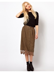 Button Through Crochet Skirt - length: calf length; pattern: plain; style: straight; fit: loose/voluminous; waist: mid/regular rise; predominant colour: khaki; occasions: casual, work; fibres: cotton - mix; texture group: lace; pattern type: fabric; pattern size: standard