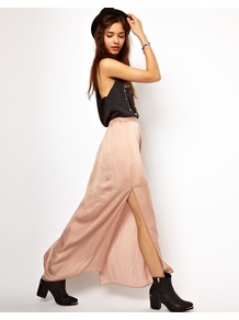 Washed Satin Maxi Skirt - pattern: plain; fit: body skimming; waist detail: elasticated waist; waist: mid/regular rise; predominant colour: nude; occasions: casual, evening; length: floor length; style: maxi skirt; fibres: polyester/polyamide - 100%; hip detail: slits at hip; texture group: silky - light; pattern type: fabric