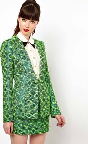Jacket In Metallic Neon Tweed - style: single breasted blazer; collar: standard lapel/rever collar; pattern: herringbone/tweed, patterned/print; predominant colour: emerald green; occasions: casual, evening, work, occasion; length: standard; fit: tailored/fitted; fibres: acrylic - mix; sleeve length: long sleeve; sleeve style: standard; trends: tuxedo, modern geometrics; collar break: low/open; pattern type: fabric; pattern size: big & busy; texture group: brocade/jacquard