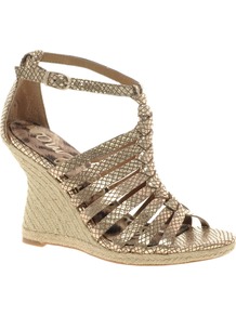 Annabel Wedge Leather Sandal - predominant colour: gold; occasions: evening, holiday; material: leather; heel height: high; ankle detail: ankle strap; heel: wedge; toe: open toe/peeptoe; style: strappy; trends: metallics; finish: metallic; pattern: plain