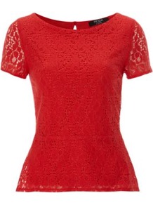 Moda Lace Peplum Top Red - neckline: round neck; pattern: plain; shoulder detail: contrast pattern/fabric at shoulder; waist detail: peplum waist detail; predominant colour: true red; occasions: casual, evening, work; length: standard; style: top; fibres: nylon - mix; fit: tailored/fitted; back detail: keyhole/peephole detail at back; sleeve length: short sleeve; sleeve style: standard; texture group: lace; pattern type: fabric