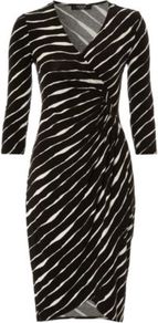 Moda Stripe Jersey Dress Black - style: faux wrap/wrap; neckline: v-neck; pattern: striped; waist detail: fitted waist; predominant colour: black; occasions: evening, work; length: just above the knee; fit: body skimming; fibres: viscose/rayon - stretch; sleeve length: 3/4 length; sleeve style: standard; pattern type: fabric; pattern size: standard; texture group: jersey - stretchy/drapey