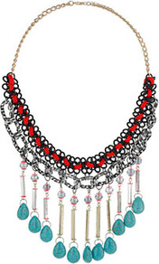 Turquoise Dangle Collar - predominant colour: turquoise; occasions: casual, evening, holiday; style: choker/collar; length: long; size: large/oversized; material: chain/metal; finish: plain; embellishment: beading, chain/metal