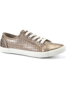 Gold Metallic Lace Up Trainers - predominant colour: gold; occasions: casual; material: faux leather; heel height: flat; toe: round toe; style: trainers; trends: metallics; finish: metallic; pattern: plain