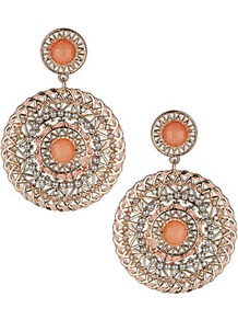Thread Wrap Disc Earrings - predominant colour: coral; occasions: casual, evening, occasion, holiday; style: drop; length: long; size: large/oversized; material: chain/metal; fastening: pierced; trends: metallics; finish: metallic; embellishment: beading, chain/metal, crystals