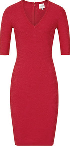 Bunny Textured Knit V Neck Dress - neckline: v-neck; fit: tight; pattern: plain; style: bodycon; waist detail: fitted waist; hip detail: fitted at hip; predominant colour: true red; occasions: evening, work, occasion; length: just above the knee; fibres: nylon - mix; sleeve length: half sleeve; sleeve style: standard; texture group: knits/crochet; trends: glamorous day shifts; pattern type: knitted - fine stitch; pattern size: small & busy; embellishment: embroidered