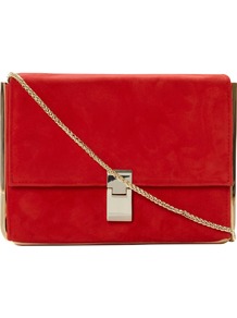 Braizen Suede Metal Detail Structured Clutch Bag, Red - predominant colour: true red; occasions: casual, evening, work, occasion; style: clutch; length: hand carry; size: small; material: suede; pattern: plain; finish: plain; embellishment: chain/metal