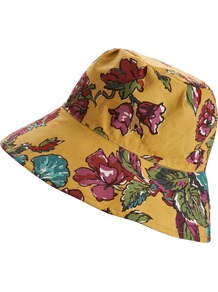 Waxed Cotton Rain Hat - secondary colour: magenta; predominant colour: mustard; occasions: casual, holiday; type of pattern: large; style: sunhat; size: standard; material: fabric; pattern: florals; trends: high impact florals