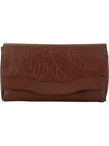Carsington Leaf Print Flapover Medium Clutch Handbag - predominant colour: chocolate brown; occasions: casual, evening, work, holiday; type of pattern: light; style: clutch; length: hand carry; size: small; material: leather; embellishment: embroidered; pattern: plain, patterned/print; finish: plain