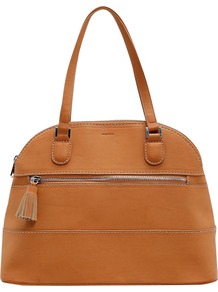 Tassel Tote Handbag, Tan - predominant colour: tan; occasions: casual, work; type of pattern: light; style: bowling; length: shoulder (tucks under arm); size: standard; material: faux leather; pattern: plain; finish: plain