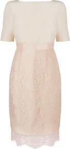 Charris Crepe And Lace Dress Cream Champagne - style: shift; neckline: slash/boat neckline; fit: tailored/fitted; pattern: plain; waist detail: fitted waist; predominant colour: champagne; occasions: evening, occasion; length: just above the knee; fibres: cotton - mix; sleeve length: short sleeve; sleeve style: standard; texture group: lace; pattern type: fabric