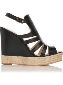 Hawaii Leather Gladiator Wedge Sandal Black - predominant colour: black; occasions: casual, evening, work, holiday; material: leather; heel height: high; embellishment: buckles; ankle detail: ankle strap; heel: wedge; toe: open toe/peeptoe; style: strappy; finish: plain; pattern: plain