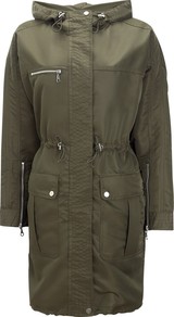 Sporty Summer Parka - pattern: plain; fit: loose; style: parka; hip detail: front pockets at hip; collar: high neck; length: mid thigh; predominant colour: khaki; occasions: casual; fibres: polyester/polyamide - 100%; waist detail: fitted waist, belted waist/tie at waist/drawstring; sleeve length: long sleeve; sleeve style: standard; texture group: cotton feel fabrics; collar break: high; pattern type: fabric