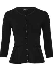 Bow Cardi Peplum Black - neckline: round neck; pattern: plain; predominant colour: black; occasions: casual, evening, work; length: standard; style: standard; fit: slim fit; waist detail: peplum detail at waist; sleeve length: 3/4 length; sleeve style: standard; texture group: knits/crochet; pattern type: knitted - fine stitch; pattern size: standard; fibres: viscose/rayon - mix