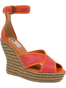 Legion Espadrille Wedge Sandals - predominant colour: coral; occasions: casual, evening, holiday; material: leather; heel height: high; embellishment: buckles; ankle detail: ankle strap; heel: wedge; toe: open toe/peeptoe; style: standard; finish: plain; pattern: plain, two-tone