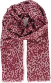 Scribbly Leopard Bamboo Blend Scarf - predominant colour: burgundy; occasions: casual, evening, work; type of pattern: standard; style: regular; size: large; material: fabric; embellishment: fringing; pattern: animal print, two-tone; trends: statement prints
