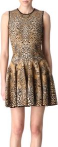 Knitted Jacquard Dress - length: mid thigh; sleeve style: sleeveless; waist detail: fitted waist; predominant colour: tan; occasions: evening, work, occasion; fit: fitted at waist & bust; style: fit & flare; fibres: wool - mix; neckline: crew; hip detail: structured pleats at hip, soft pleats at hip/draping at hip/flared at hip; sleeve length: sleeveless; trends: statement prints, glamorous day shifts, metallics; pattern type: fabric; pattern size: small & busy; pattern: animal print, patterned/print; texture group: brocade/jacquard