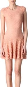 Ruffle Dress - length: mid thigh; sleeve style: capped; pattern: plain; style: bodycon; waist detail: fitted waist; shoulder detail: tiers/frills/ruffles; predominant colour: nude; occasions: evening, occasion; fit: fitted at waist & bust; fibres: cotton - 100%; neckline: crew; sleeve length: short sleeve; hip detail: ruffles/tiers/tie detail at hip; pattern type: fabric; texture group: other - stretchy