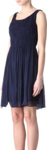 Chiffon Pleat Dress - fit: fitted at waist; pattern: plain; sleeve style: sleeveless; style: full skirt; waist detail: fitted waist, twist front waist detail/nipped in at waist on one side/soft pleats/draping/ruching/gathering waist detail; shoulder detail: tiers/frills/ruffles, flat/draping pleats/ruching/gathering at shoulder; back detail: low cut/open back; bust detail: ruching/gathering/draping/layers/pintuck pleats at bust; predominant colour: navy; occasions: evening, work, occasion; length: just above the knee; neckline: scoop; fibres: silk - 100%; hip detail: soft pleats at hip/draping at hip/flared at hip, sculpting darts/pleats/seams at hip, ruffles/tiers/tie detail at hip; sleeve length: sleeveless; texture group: sheer fabrics/chiffon/organza etc.; trends: glamorous day shifts, volume; pattern type: fabric; pattern size: standard