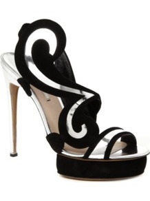 Swirl Suede Sandals - predominant colour: black; occasions: evening, occasion; material: suede; heel height: high; ankle detail: ankle strap; heel: platform; toe: open toe/peeptoe; style: strappy; trends: metallics, sculptural frills, modern geometrics; finish: metallic; pattern: patterned/print, two-tone
